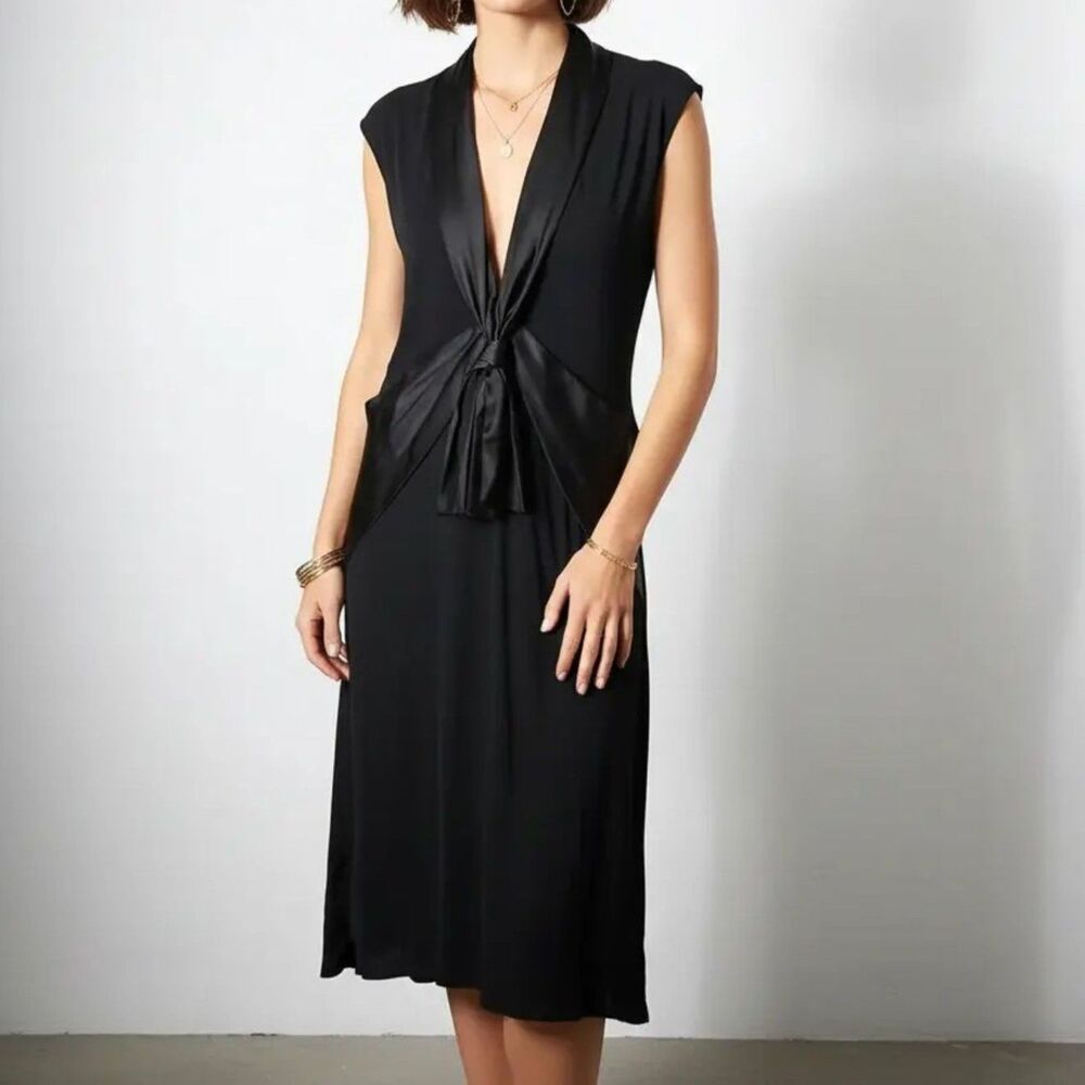 Y. Yigal Sophisticated Deep V-Neck Black Cocktail Dress with Satin Sash
